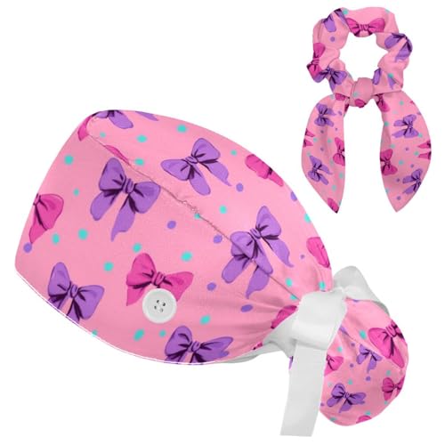 Image of Butterfly Scrub Cap Women with Ponytail & Buttons Adjustable Surgical Nurse Hat with Cotton Sweatband for Long Hair