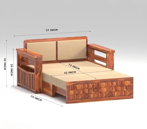 Image of Wooden Sofa Cum Bed | Sheesham Wood Sofa Bed for Living Room | Handmade Heavy Duty Foldable Sofa Cum Bed with Mattress Option | Traditional Modern Design (Allis Honey)
