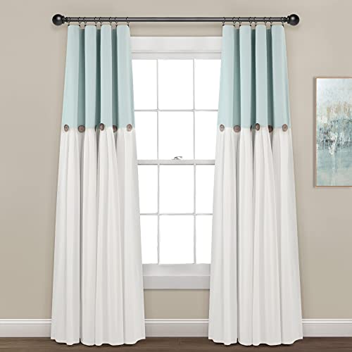 Image of Lush Decor Linen Button Window Curtain Panel, Single, 40" W x 84" L, Blue & White - Country Curtains - Rustic Decor - Color Block Modern Farmhouse Curtains For Living Room, Bedroom & Dining Room