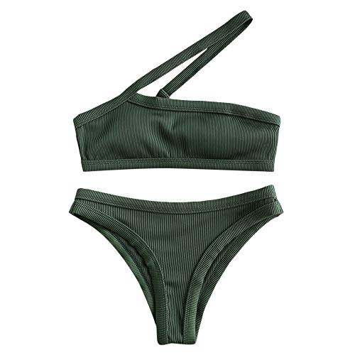 ZAFUL Women's One Shoulder Cut Out Ribbed Bandeau Bikini Set Two Piece Swimsuit (Deep Green, M)
