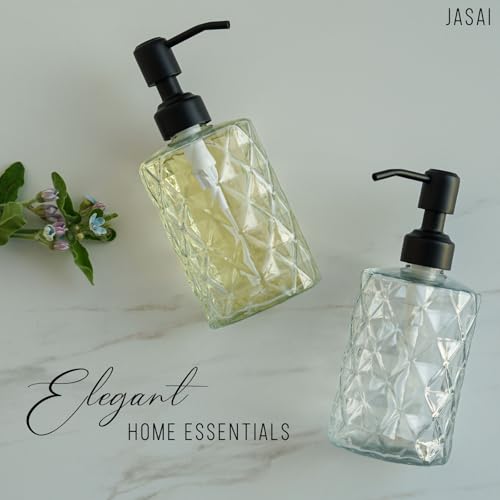 Image of JASAI Diamond Design 12 Oz Glass Soap Dispenser with Black Pump | Small Hand soap Dispenser with Rust Proof Pump, Bathroom Soap Dispenser for Hand Soap, Liquid Soap, Dish Soap.
