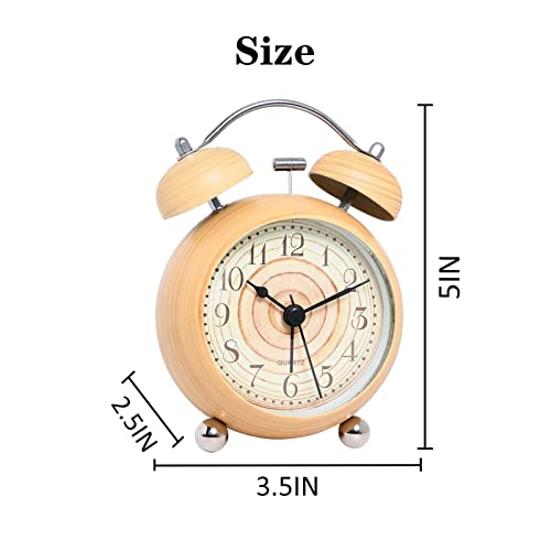 Justup Silent Table Alarm Clock, 3.5 Inch Creative Wood Grain Metal Clock With Backlight, Battery Powered Analog Clock With Hd Glass, Decor Twin Bell Clock For Bedroom Living Room Office (Khaki) #TOP2