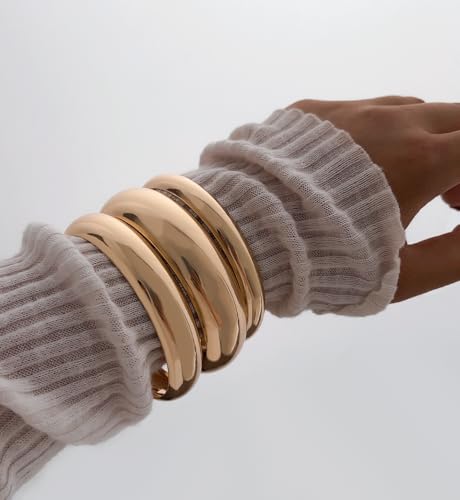 Elegant Chunky Gold Bangle Bracelets for Women - Stackable 14k Gold Plated Cuff Set for Fashion-Forward Style - Image 4