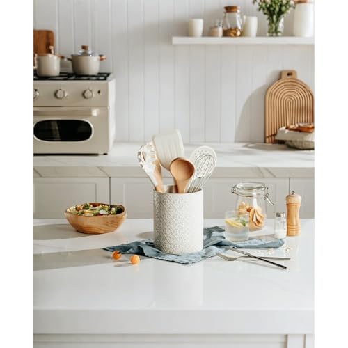 MIKIGEY Kitchen Utensil Holder, 6x7 inch Large Ceramic Utensil Holder with Embossed Pattern, Cooking Utensil Crocks for Kitchen Countertop, Home Decor, Off-White by MIKIGEY - Used condition - Image 6
