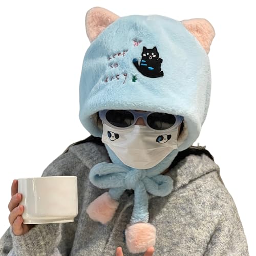 Furry Cartoon Head Covering with Pompoms for Outdoor Sports Furry Hat with Ear Oversized Headgear Hat for Winter