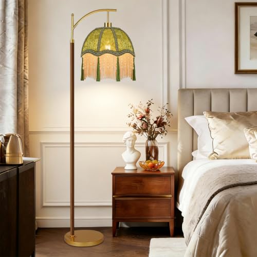 Image of Wood Floor Lamps for Living Room Arc Boho Floor Lamp with Remote Control &3 Color Temperature,Vintage Green Floor Lamp Flower Mid Century Modern Standing Lamp Fringe Tall Floor Lamp for Bedroom Corner
