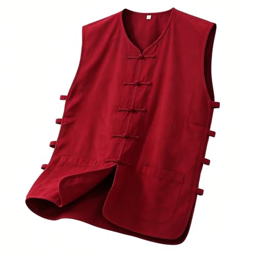 Gilet d'été en coton et lin pour hommes à col en V style costume Tang rétro