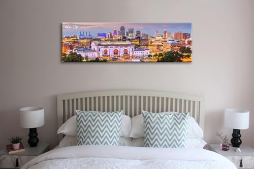 Image of Kansas City Skyline Wall Art Canvas Prints, Framed, 13.8 inchx45.3 inch | Cityscape USA City Building, Panoramic Night View, Modern Home Office Living Room Decoration