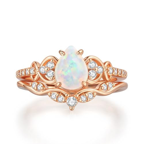 JIANGYUE Opal Ring Set Pear Shaped Engagement Rings