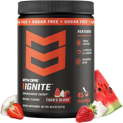 MTN OPS Ignite Sugar Free Energy Drink Powder with 200mg Caffeine Nootropic Blend for Energy Focus & Endurance L Arginine & L Citrulline Pre Workout 45 Servings Tigers Blood