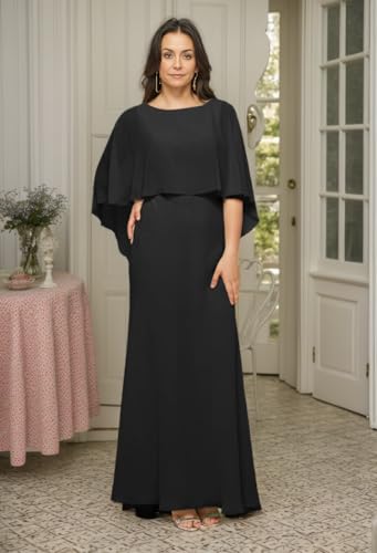 Chiffon Mother of The Bride Dresses for Wedding Long Mermaid Formal Evening Gowns with Cape Sleeves2