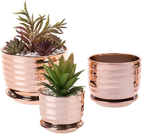MyGift Metallic Copper Ceramic Small Indoor Plant Pot with Drainage Hole, Attached Saucer and Ribbed Design Succulent Flower Planters, Set of 3