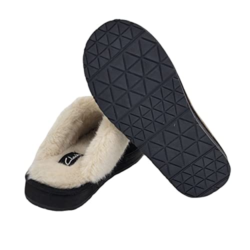 Image of Clarks Womens Open Back Suede Leather Comfort Clog Slipper JMS0583C - Plush Faux Fur Trim - Indoor Outdoor House Slippers For Women