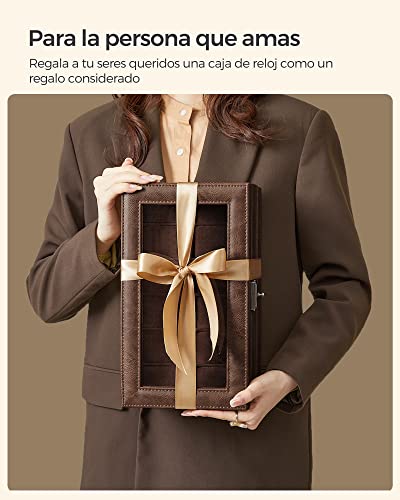 SONGMICS Caja de Reloj, Estuche de Reloj con Tapa de Cristal de 2 Niveles para 12 Relojes, Cerradura, 1 Cajón, para Anillos Pulseras, Regalo Ideal, Cuero Sintético Marrón, Forro Marrón JWB012K01