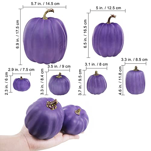 Image of Winlyn 7 Pcs Assorted Sizes Purple Artificial Pumpkins and Gourds Decorative Halloween Pumpkins Foam Pumpkins for Gifts Chic Halloween Thanksgiving Fall Wedding Table Centerpiece Mantel Shelf Decor
