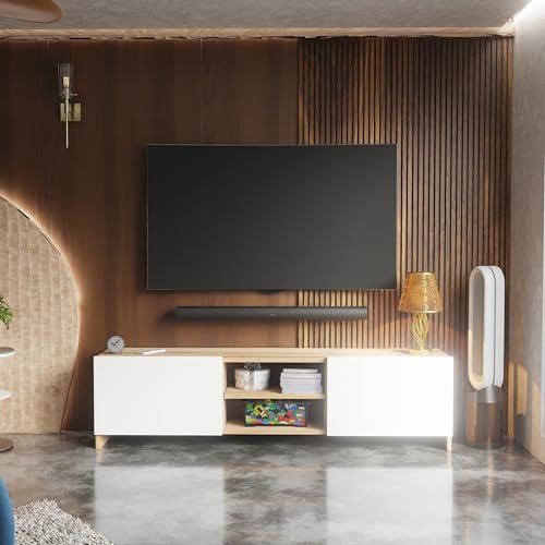 Image of Modern Living Room TV Stand with Open Display Compartment, Dual Side Storage Units, and Clean Contemporary Design for Home Decor | Assembly-DIY | Color-Asian Light & White