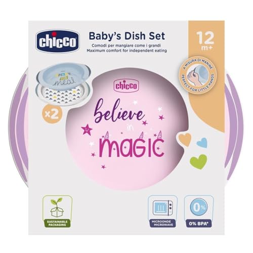 Chicco Coffret Repas pour Enfants, 2 Assiettes réutilisables pour Bébé,1 Creuse et 1 Plate,Base et Poignées Latérales Antidérapantes,Prise...