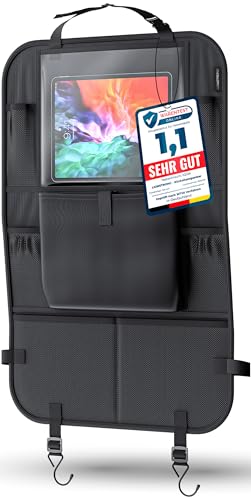 LIONSTRONG® Auto Organizer Kinder Rücksitz schwarz [WASSERDICHT] - Rückenlehnenschutz Auto Kinder universell kompatibel - Autositz Organizer - Sitzschutz Rückenlehne - Tablet-Fach