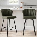 EALSON Counter Height Bar Stools Set of 2 Modern Bar Chairs with Back Leather Upholstered Barstools with Metal Footrest Comfortable Island Chairs for Kitchen Counter/Home Bar/Dining Room, Green