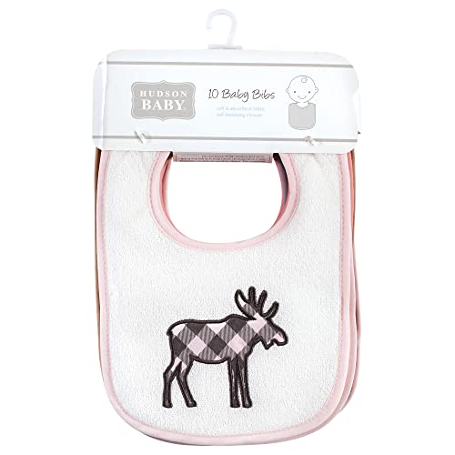 Image of Hudson Baby Unisex Baby Cotton Terry Drooler Bibs with Fiber Filling, Girl Moose Bear, One Size