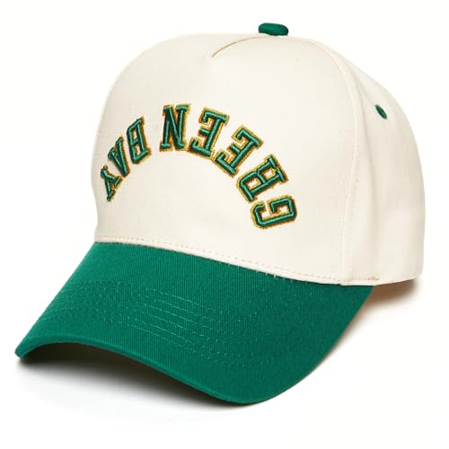 Funky Junque Upside Down City Trucker Hat Embroidered Baseball Cap Unisex Adjustable Snapback Hat for Game Day Tailgating and Everyday Wear - Green Bay - Green/Beige