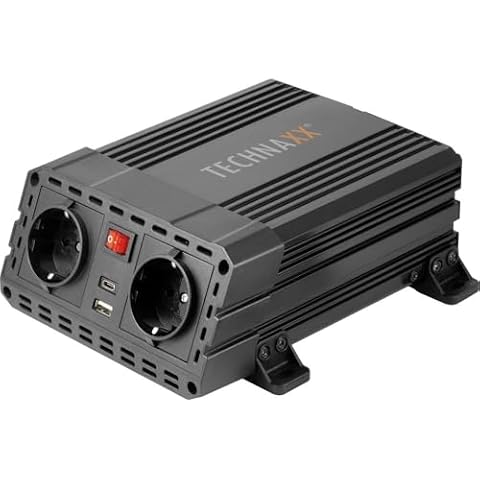 Technaxx Niemiecki falownik samochodowy z 2 portami USB do ładowania różnych urządzeń elektronicznych, automatyczne wyłączanie bezpieczeństwa 12 V DC do standardowego 230 V AC, ochrona przed