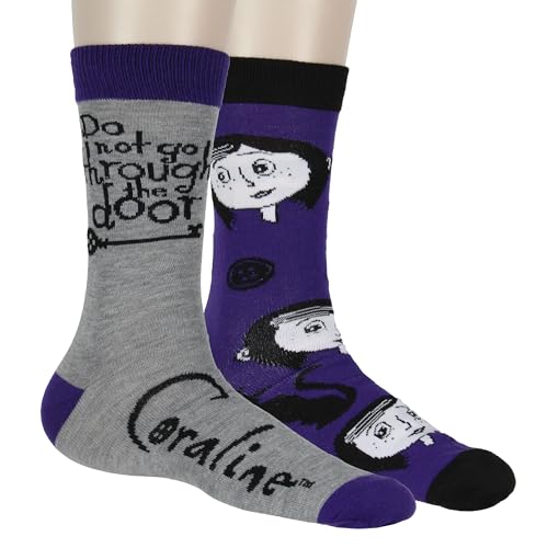 Coraline Socks 2-Pack Coraline Casual Novelty Button and Cat Character Knit Men's Knit Crew Socks Fits Shoe Size 8-12