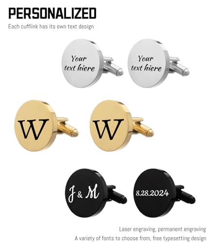 Personalized Cufflinks for Men, Custom Engraved Wedding Cuff Links for Groom, Father of the Bride & Groom Dad, Best Man, or Groomsmen – Black, Gold, or Silver Cufflinks with Dates, Names, or Initials4