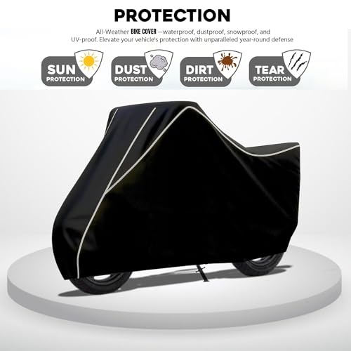 Image of Elite Water Resistant Bike Cover for TVS Apache RTR 160 4V Rain, UV & Dust Protection, Universal Fit, All-Weather Water Resistant Two-Wheeler Cover, Keeps Bike Cool (Black with White Piping)