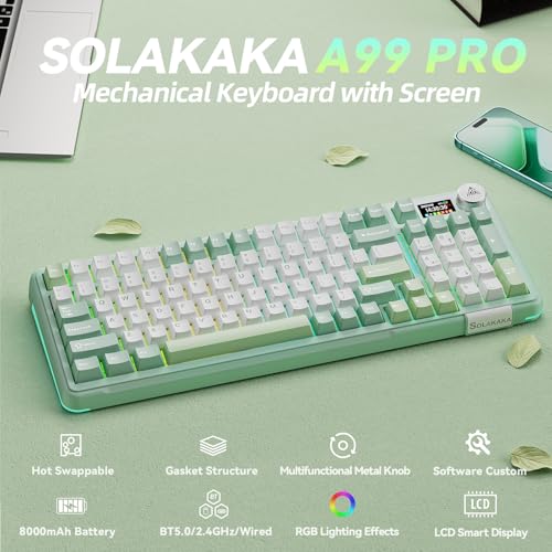 Image of SOLAKAKA A99 Pro Wireless Mechanical Keyboard with BT5.0 /2.4GHz /USB-C, LCD Screen & Metal Knob, Gasket-Mounted Gaming Keyboard, Full Hot-Swappable, RGB Creamy Keyboard for Win /Mac