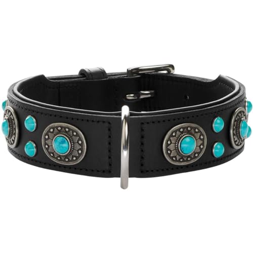 HUNTER SIOUX Hundehalsband, Leder, indianischer Stil, mit Schmucksteinen, 50 (S-M), schwarz