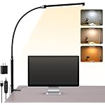 LED Desk Lamp with Clamp, Eye-Caring Clip on Lights for Home Office, 3 Modes 10 Brightness, Long Flexible Gooseneck, Metal, Swing Arm Architect Task Table Lamps with USB Adapter, Black