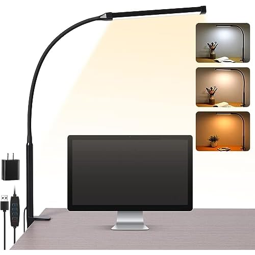 LED Desk Lamp with Clamp, Eye-Caring Clip on Lights for Home Office, 3 Modes 10 Brightness, Long Flexible Gooseneck, Metal, Swing Arm Architect Task Table Lamps with USB Adapter, Black