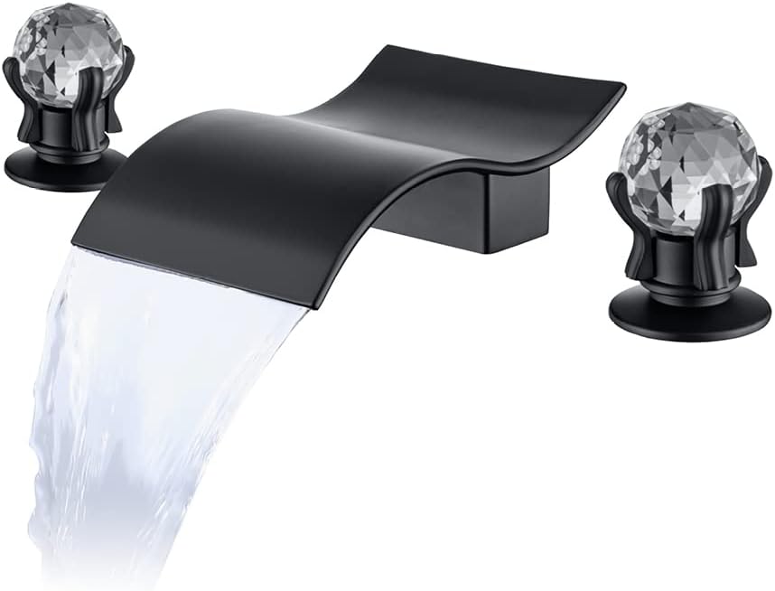 Widespread Bathroom Sink Faucet with Crystal Knob 3 Hole Waterfall Vanity Faucet 8 Inch Crystal Bathroom Faucets Deck Mount Basin Mixer Tap with Hose, Matte Black