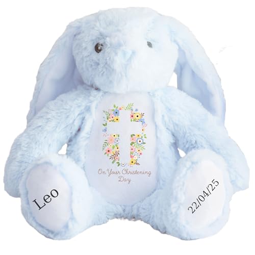 HotScamp Personalised Christening Bunny with Name - Flowers Cross On your Christening Day Soft Toy for Baby Toddler Kids Child Babies Baptism Church Spring Time - Pink Letter Blu Bunny