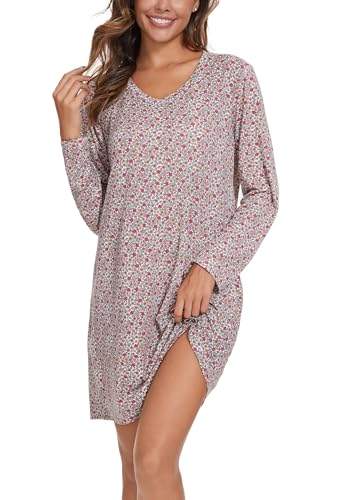 Image of Kabento 2 Pack Long Sleeve Nightgowns for Women Soft Cotton Night Gowns Sleepwear V Neck Nightshirts