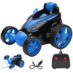 Gooyo DB2060 Rechargeable 5 Functions 360° Rotating & Rolling Small Stunt Car Toy with USB Cable & Remote Controller with Demo Feature | Blue Color, Power Source: Lithium Battery in Car (Included)