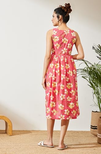 Image of Janasya Women's Pink Pure Cotton Floral Printed A-line Dress
