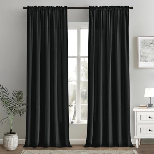 Image of MIULEE Black Semi Sheer Privacy Curtains Drapes 2 Panels 52W x 96L | Semi sheer privacy, non-see-through, light filtering, fits kitchen, bathroom, bedroom