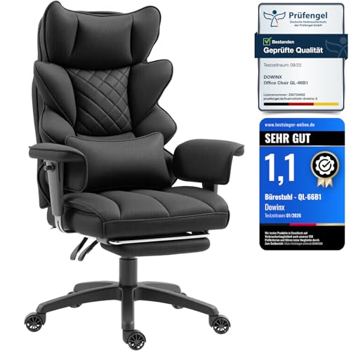 Dowinx Gaming Stuhl, Bürostuhl Ergonomisch mit Taschenfeder-Kissen, Chefsessel mit Doppellagige weiche Rückenlehne und verstellbare Lendenkissen, Armlehnen und Fußstütze, Textil-Schwarz