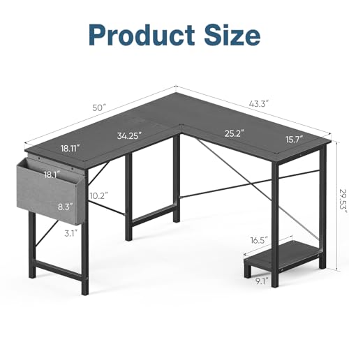 Elevon 50-Inch L-Shaped Gaming Desk for Students – Reversible Corner Table with Wood Top and Metal Frame for Home Office