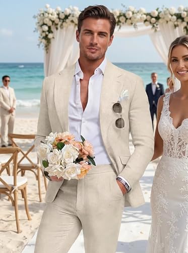 Image of Men's Linen Suit 2 Piece Slim Fit Summer Beach Wedding Prom Party | Breathable,Linen Blazer Suit Set,for Beach Weddings,Groom Wear,Prom and Outdoor Parties,Business Casual,Vacation Daily Wear