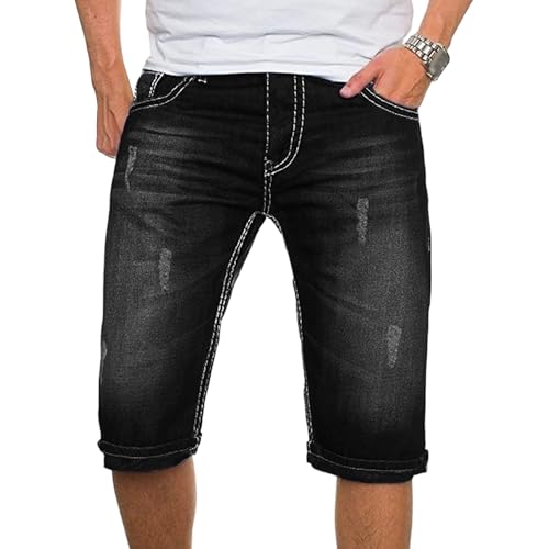 Short en Jean Slim délavé pour Homme, déchiré et Stretch, Longueur Genou, Noir, Taille S