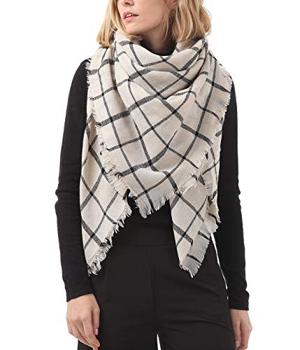 Zando Plaid Blanket Thick Winter Scarf Tartan Chunky Wrap Oversized Shawl Cape White