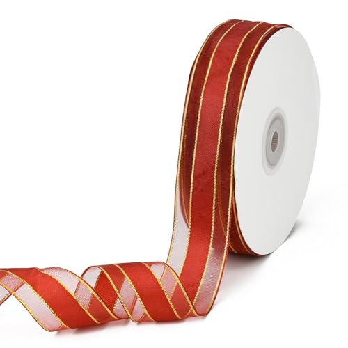 CABODYALS 45.72M 25mm Burgundy Organza Ribbon Gold Edge Red Sheer Transparent Trim Clear Soft Smooth Fabric Mesh Voile Chiffon Ribbons With Spool for Making Bow Gift Wrapping Hair Braid Wedding DIY