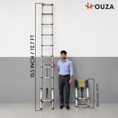 Image of HOUZA 3.9m (13 ft) Steel Telescopic Ladder | 10-Step Foldable Extension Ladder | Portable & Collapsible Ladder for Home, Industrial & Outdoor Use | EN131 Certified | 1 Year Warranty(Silver & Black)