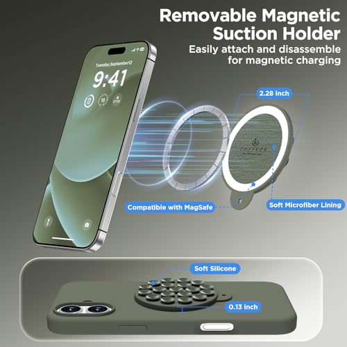Image of Magnetic for iPhone 16 Case, Compatible with Magsafe, Suction Cup Phone Mount, [2 Screen Protectors][Camera Lens Protector] Silicone Shockproof Protective Slim Phone Cover 6.1 inch, Olive Green