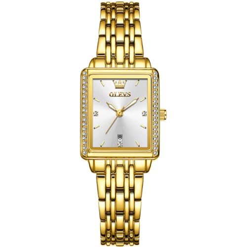 OLEVS Damenuhr Gold Edelstahl Wasserdicht Uhr Weiß Rechteckig Zifferblatt Klassisches Eleganz Damen Uhren für schmales Handgelenk Leuchtend Datum Analog Quarz Armbanduhr Damen