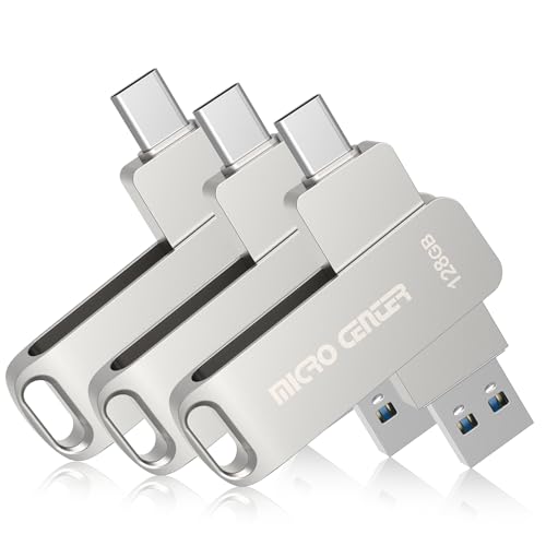 Micro Center SuperSpeed 3 Pack 128GB USB 3.2 Gen 1 Dual Drive Type-C & OTG Type-A 2-in-1 up to 200MB/s Swivel Metal Flash Drive Memory Storage Stick for Android Phones Tablets Mac Laptop