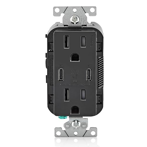 Image of Leviton T5637-E 30W (6A) USB Dual Type-C /C in-Wall Charger with 15A Tamper-Resistant Outlet, USB Charger for Smartphones and Tablets, Not for Laptops, Black